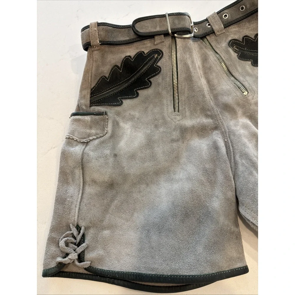 Vintage Grey Suede Lederhosen Shorts Black Leaf Applique Lace Up Alpine 25 Waist